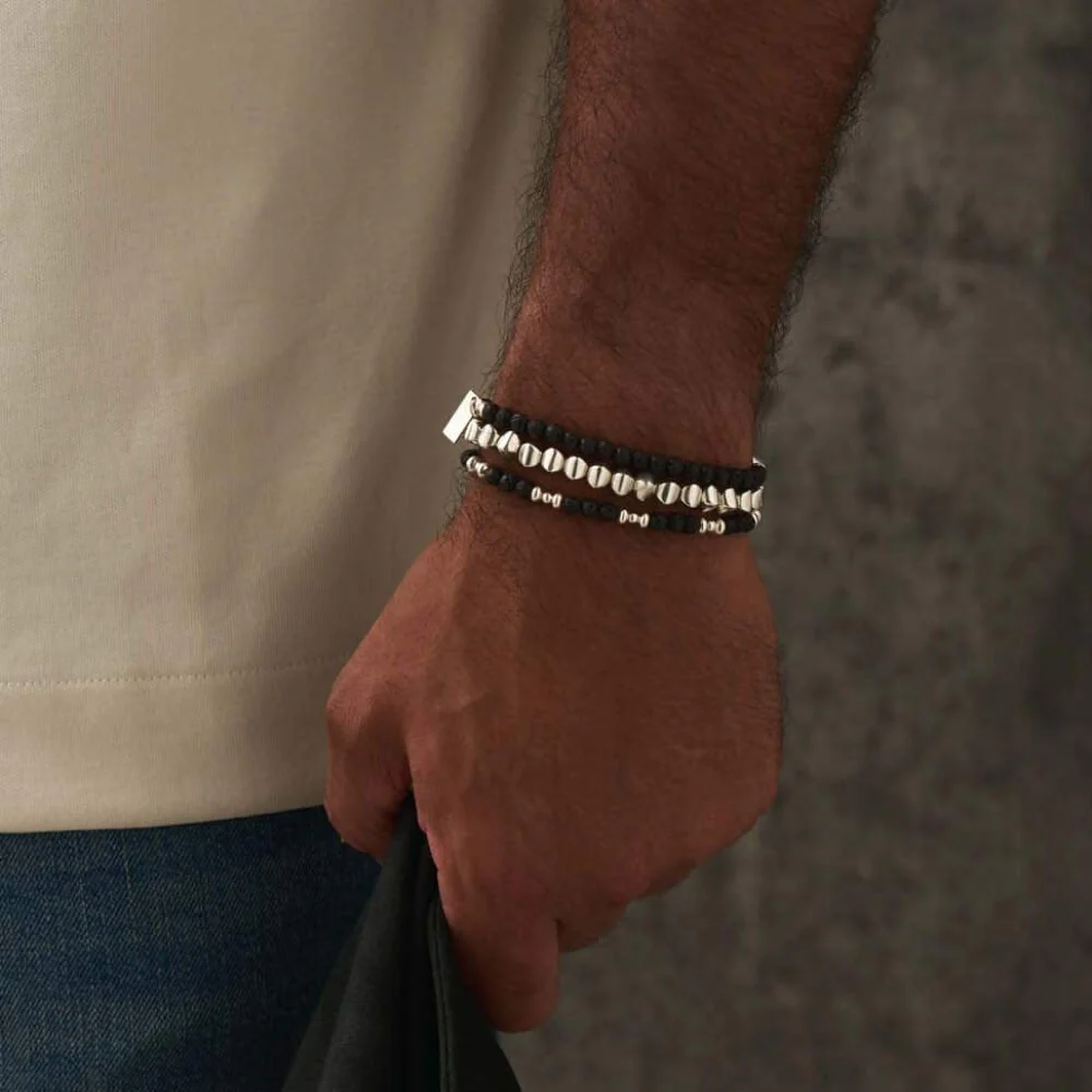ChloBo Men's 
Silver 
Black Lava Saucer Bracelet - Image 2