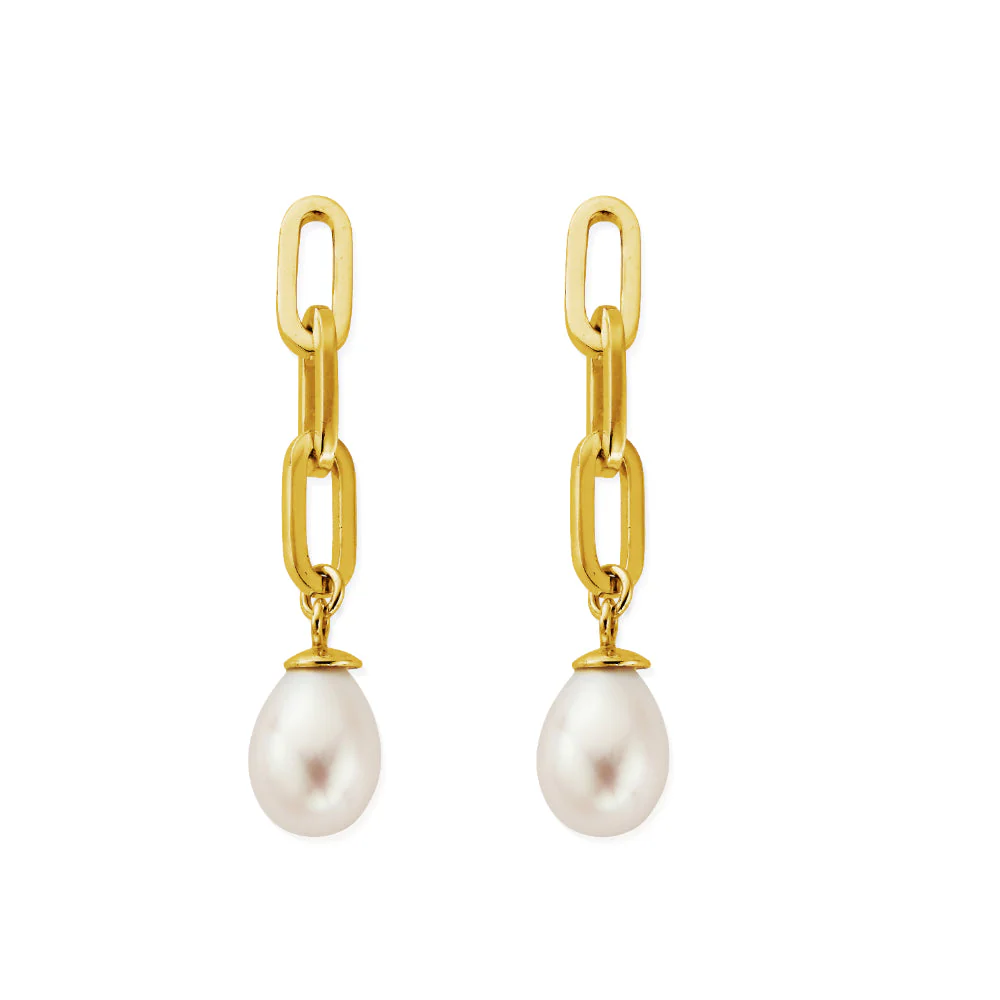 ChloBo Gold Mini Link Pearl Drop Earrings