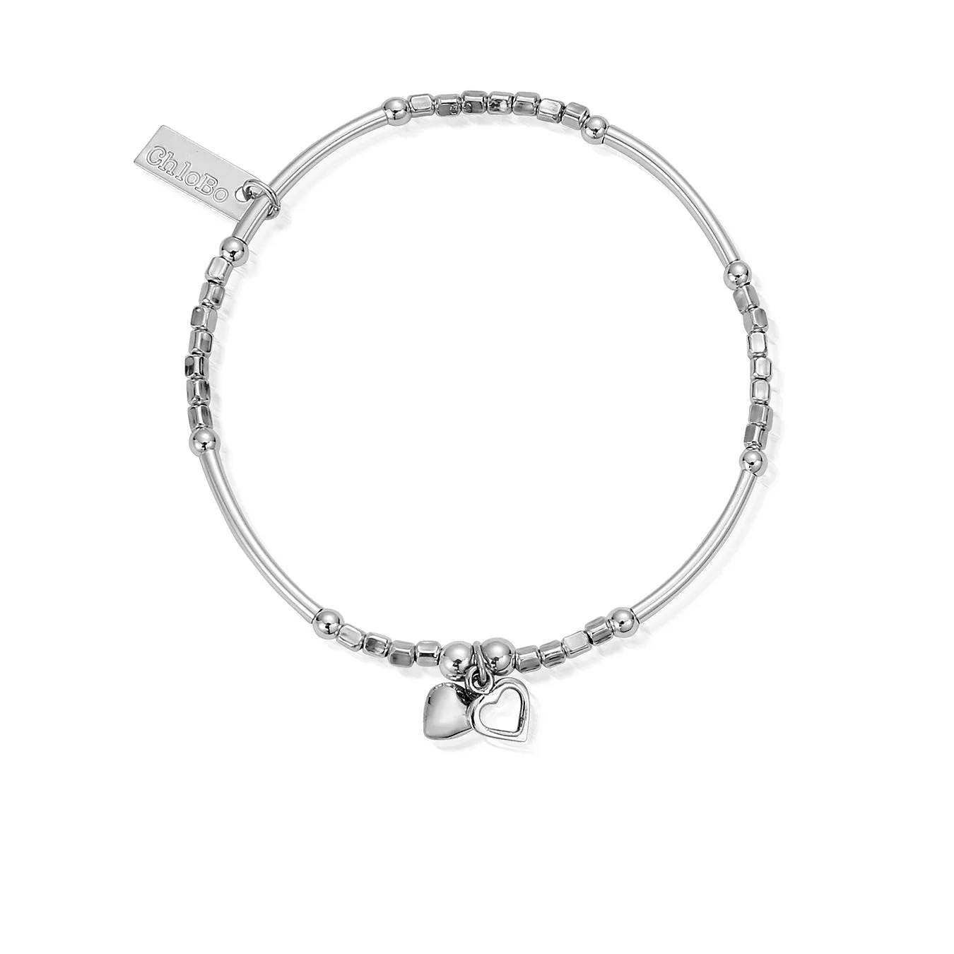 ChloBo Silver Mini Noodle Cube Double Heart Bracelet