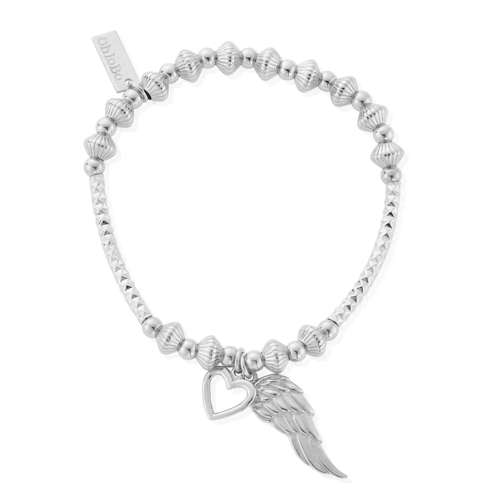 ChloBo Silver Pattern Noodle Disc Heart and Angel Wing Bracelet