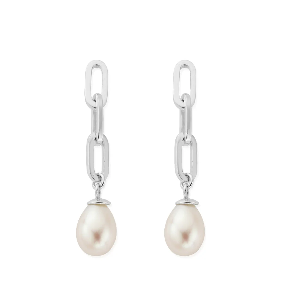 ChloBo Silver Mini Link Pearl Drop Earrings