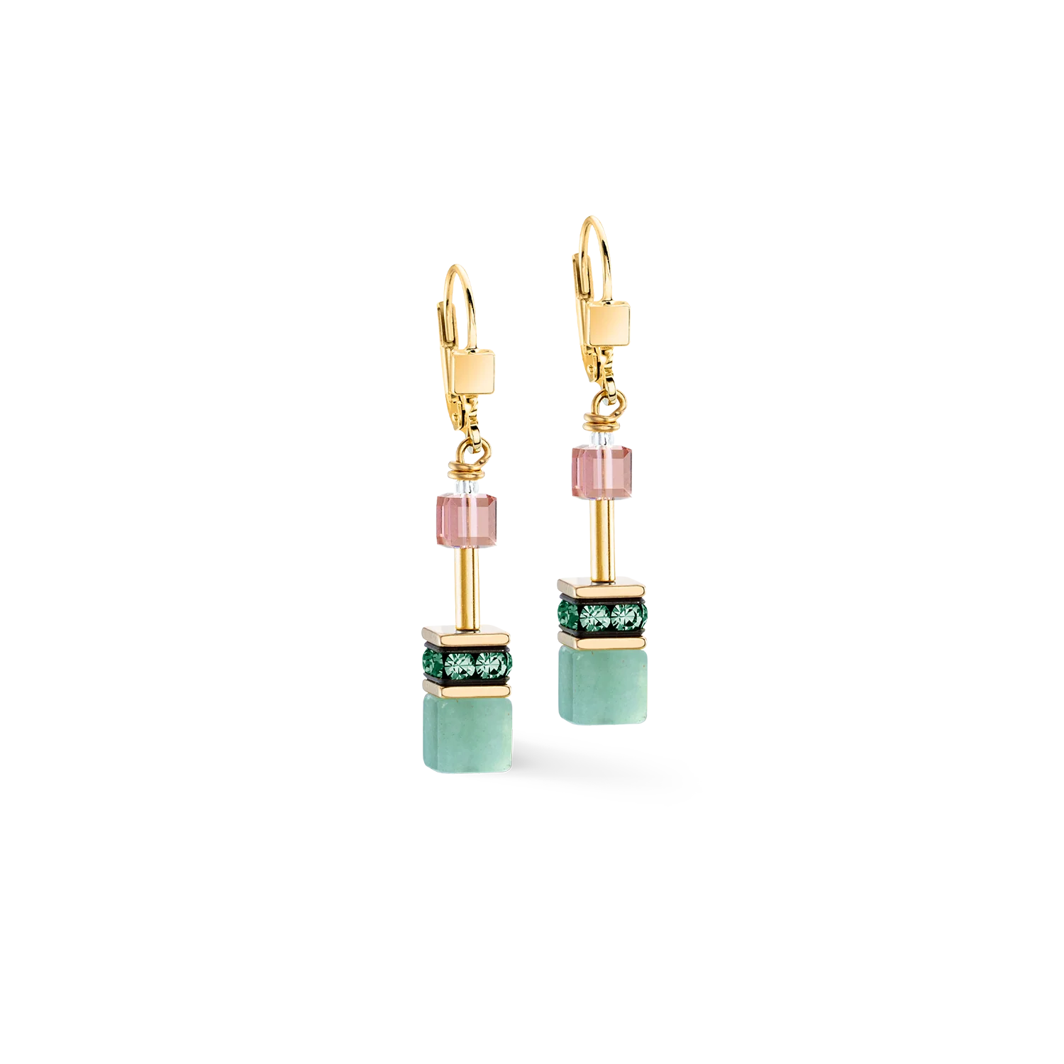 Coeur De Lion Gold GeoCUBE Green Aventurine Gold Earrings