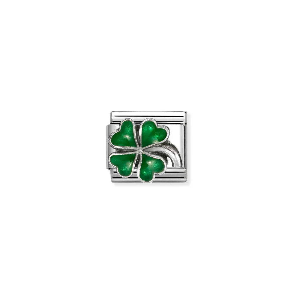 Nomination Silver and Green Classic Symbols Stainless , Enamel and Four-Leaf Clover Charm
