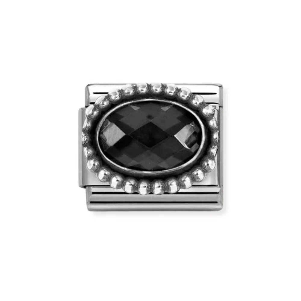Nomination Silver and Black  Faceted CZ,  with Oxidized Oval Beaded Rich Setting Charm