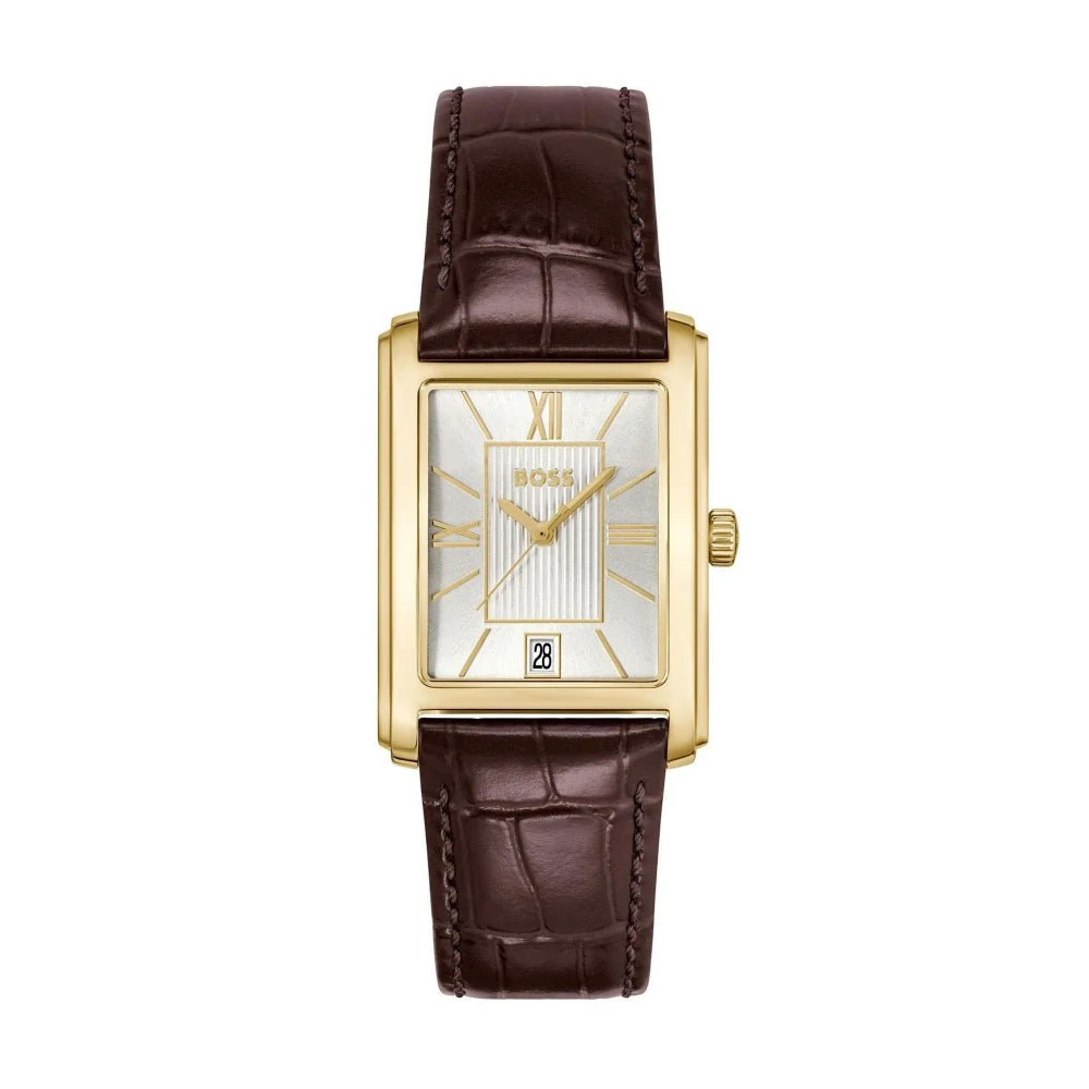 Boss Gold and Silver White Brown Principle Dress Rectangle Gents Leather Strap Watch