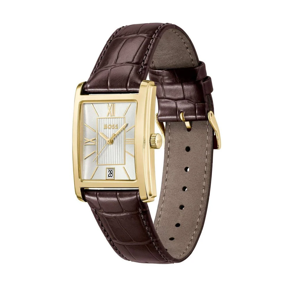 Boss Gold and Silver White Brown Principle Dress Rectangle Gents Leather Strap Watch - Image 2