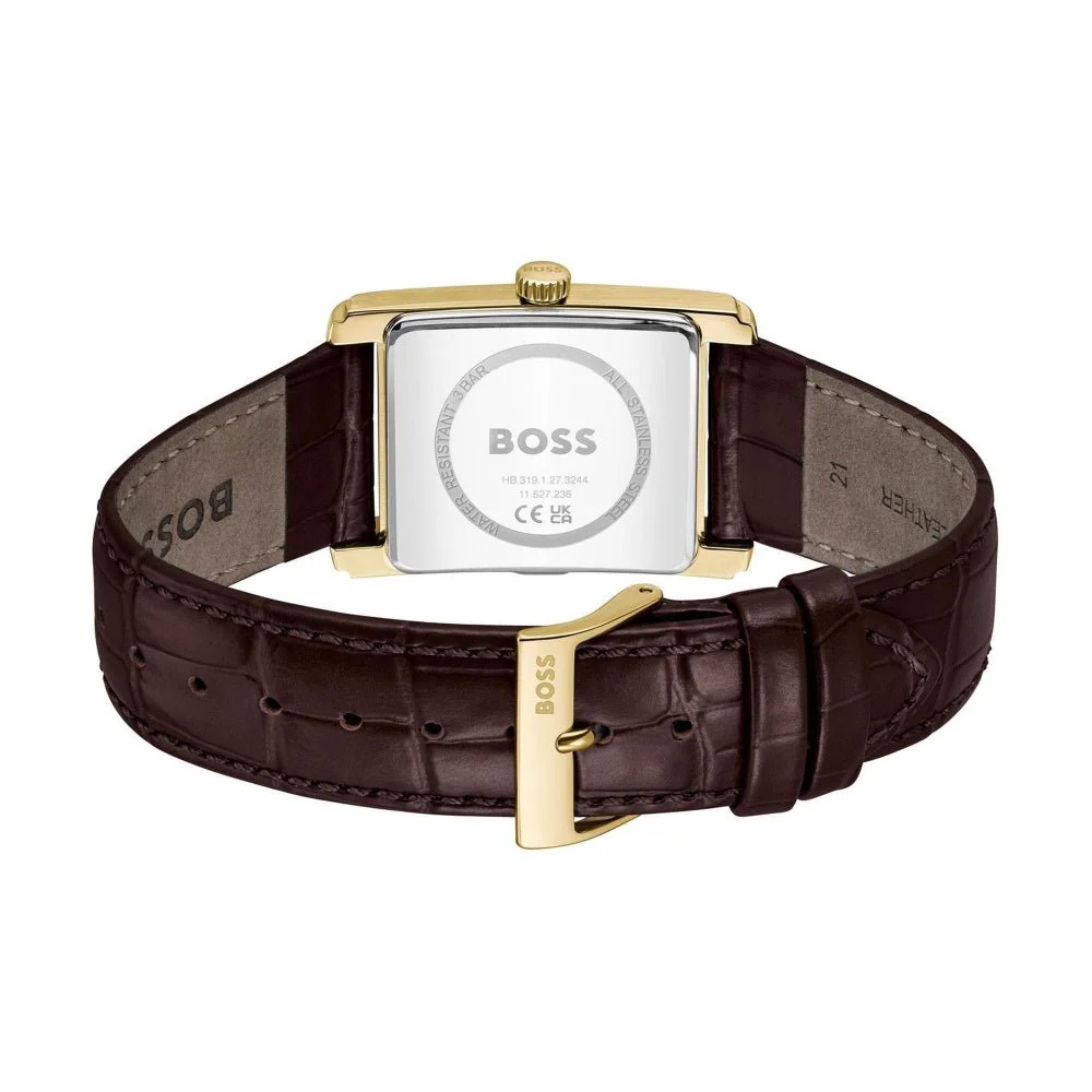 Boss Gold and Silver White Brown Principle Dress Rectangle Gents Leather Strap Watch - Image 3