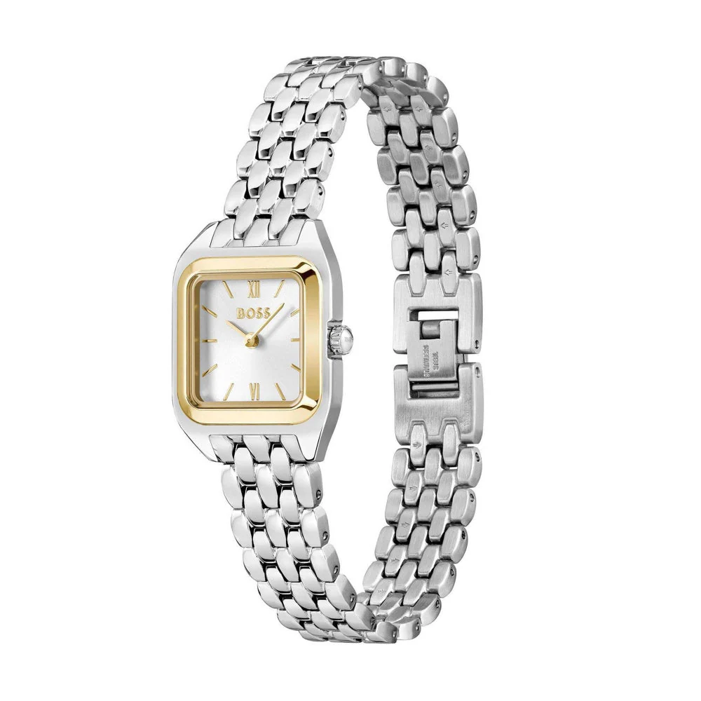 Boss Gold and Silver White Mae Petite Rectangle Ladies Soft Square Bracelet Watch - Image 4