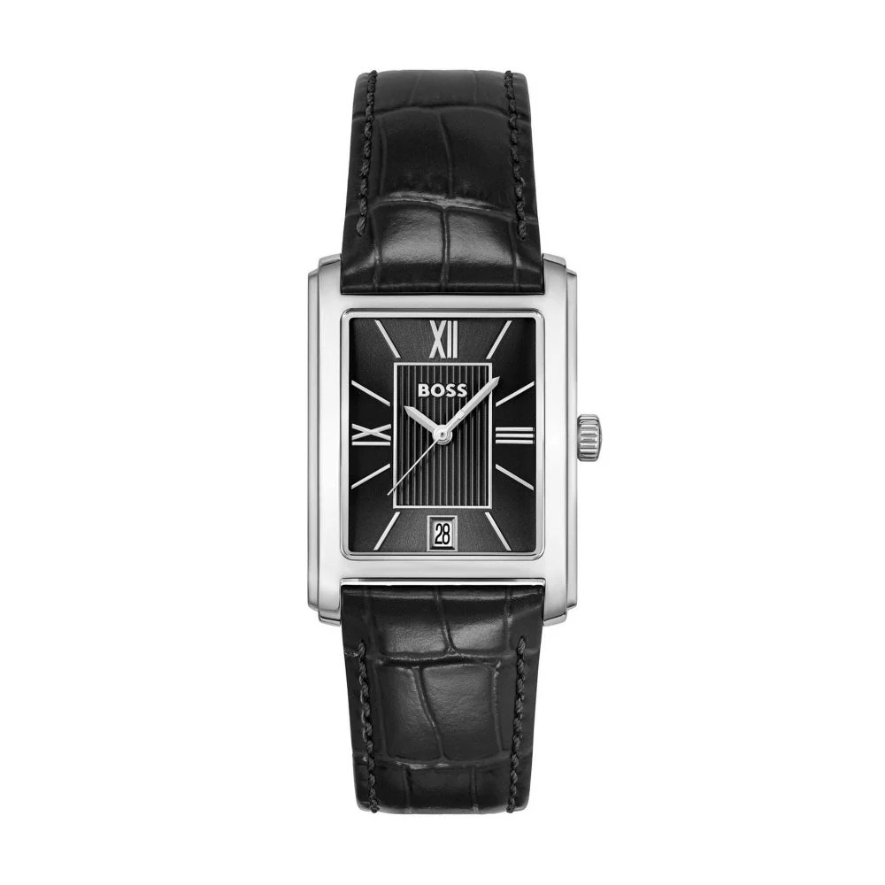 Boss Silver and Black Principle Dress Rectangle Gents Leather Strap Watch