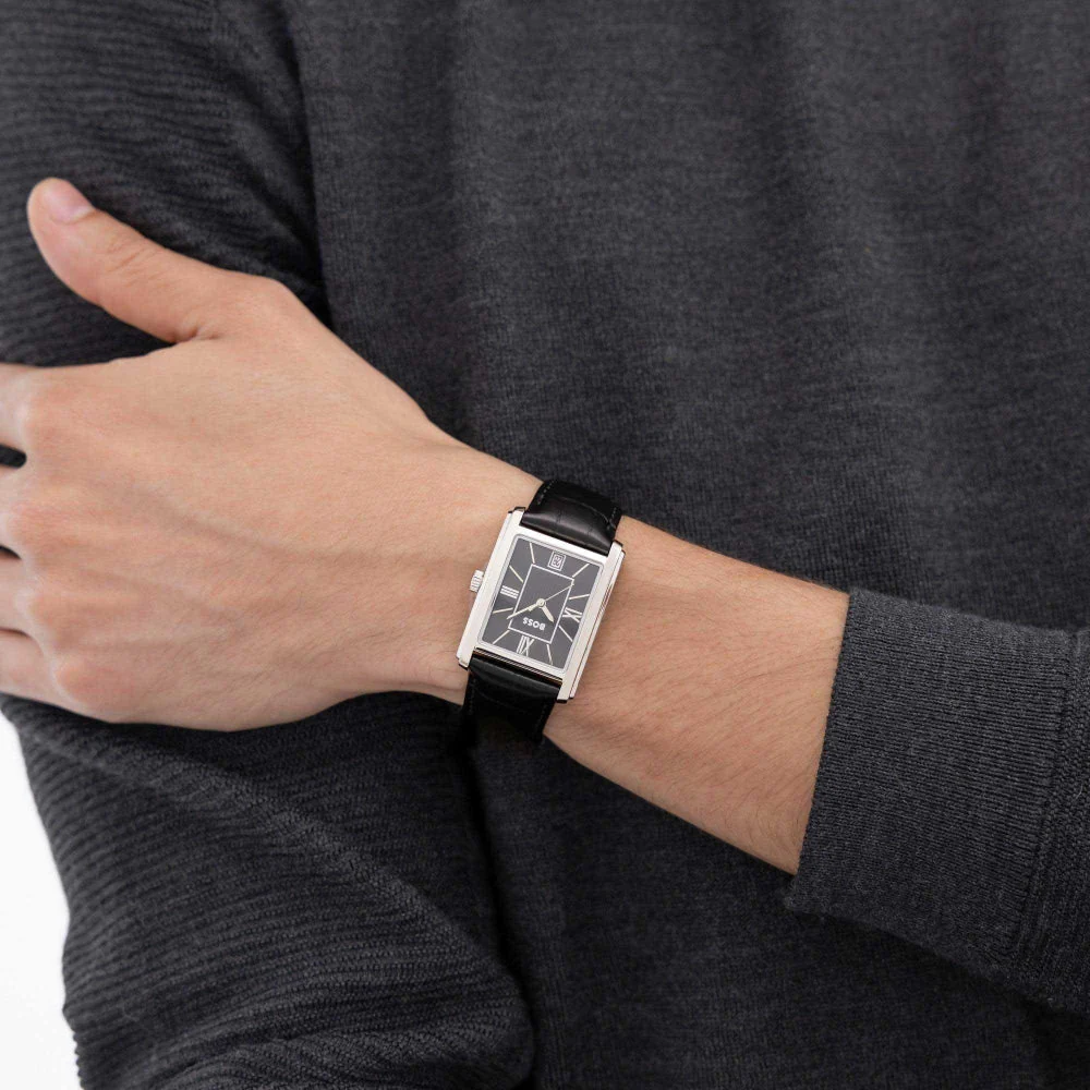 Boss Silver and Black Principle Dress Rectangle Gents Leather Strap Watch - Image 2