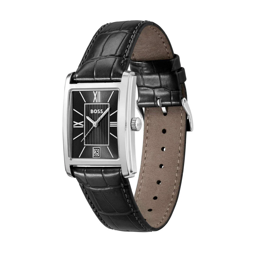 Boss Silver and Black Principle Dress Rectangle Gents Leather Strap Watch - Image 4
