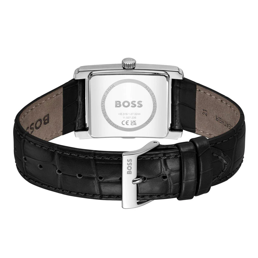 Boss Silver and Black Principle Dress Rectangle Gents Leather Strap Watch - Image 5