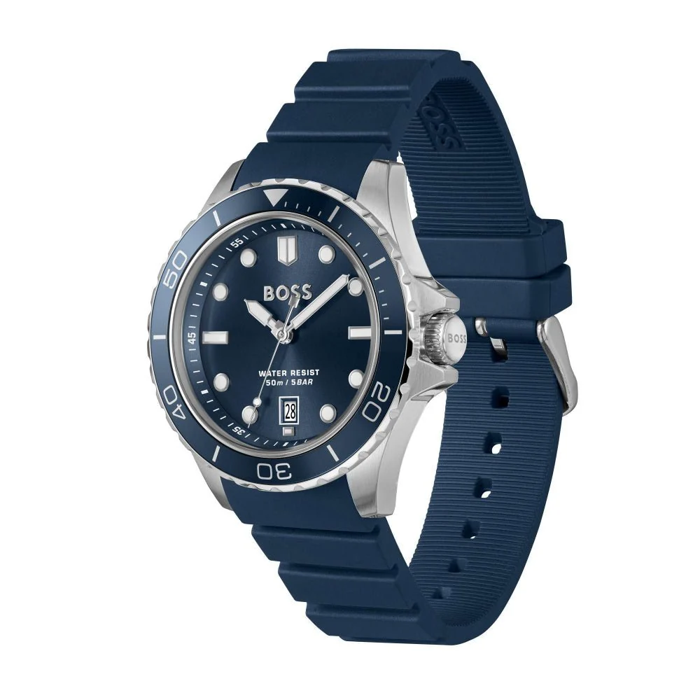 Boss Silver and Blue Troper Sport Round Gents Silicone Strap Watch - Image 4