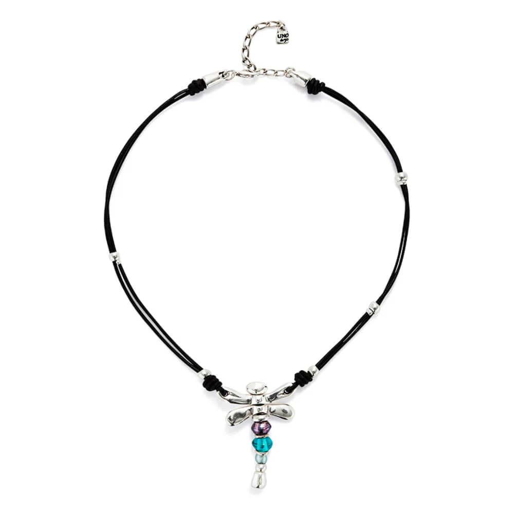 UNOde50 Silver Dragonfly and Crystals Leather Necklace