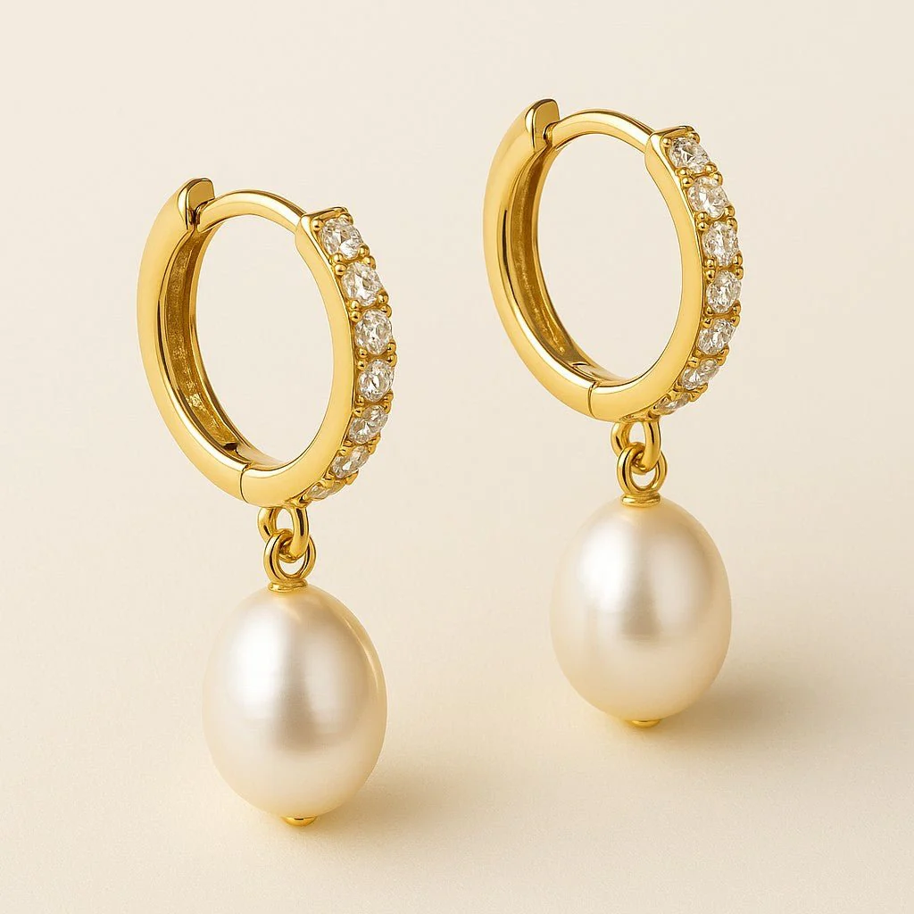 Mococo Gold Pearl Drop Sparkle Hoops - Image 2