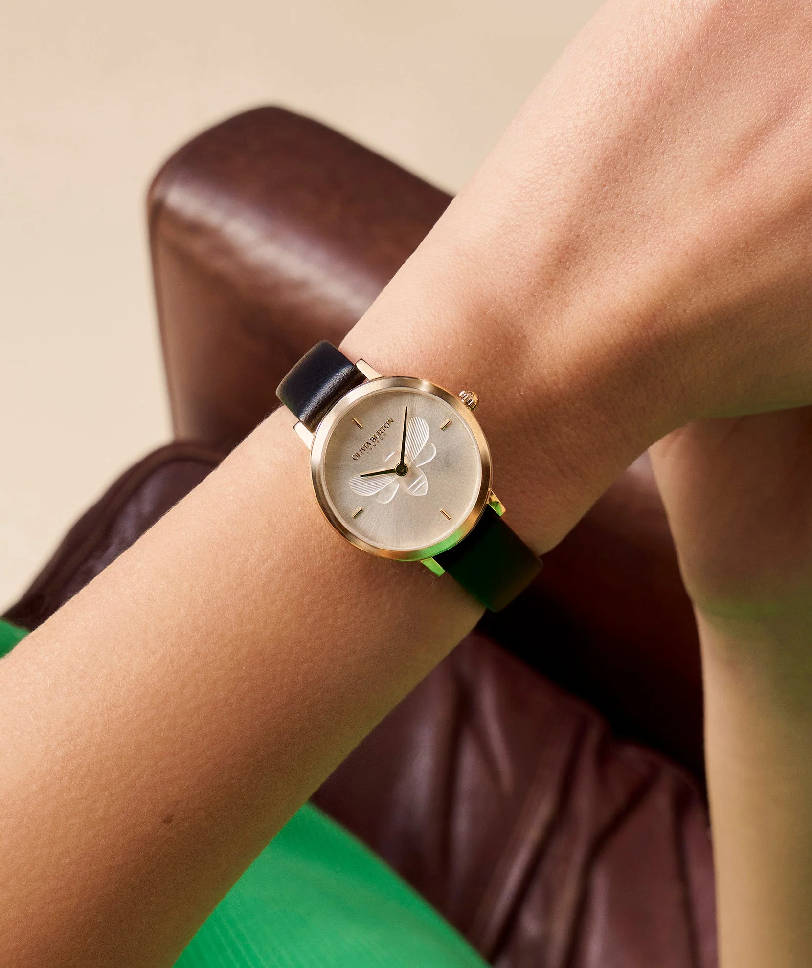 Olivia Burton Gold Ultra Slim Bee Black Leather Watch - Image 2