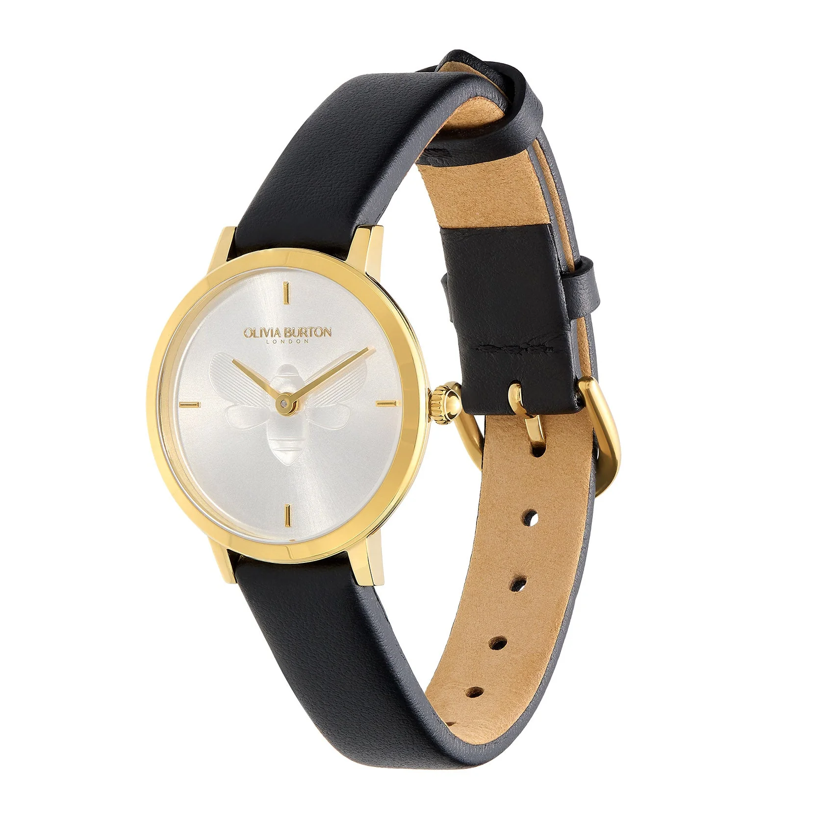 Olivia Burton Gold Ultra Slim Bee Black Leather Watch - Image 3