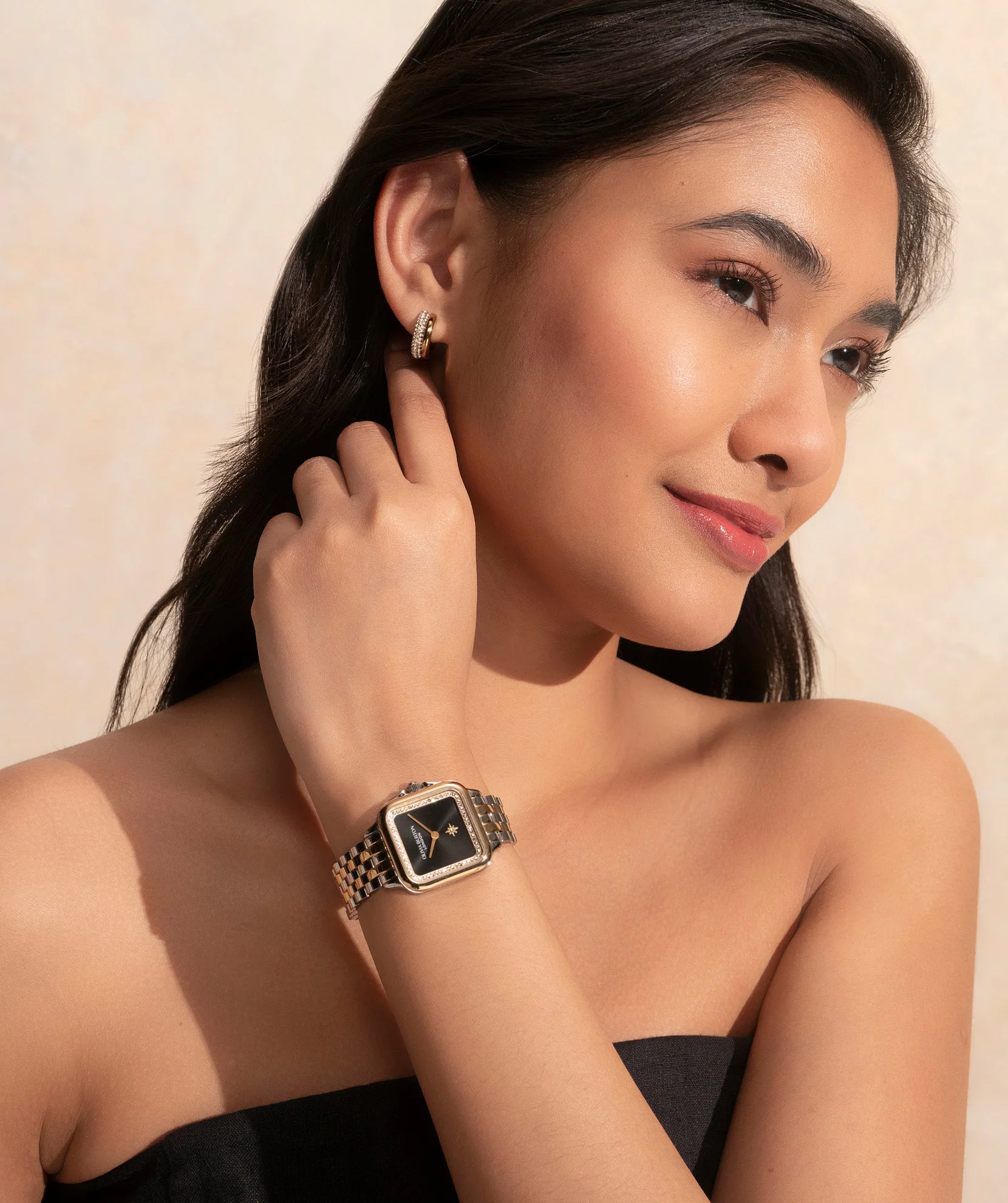 Olivia Burton Silver & Gold Grosvenor Black Dial Watch - Image 4