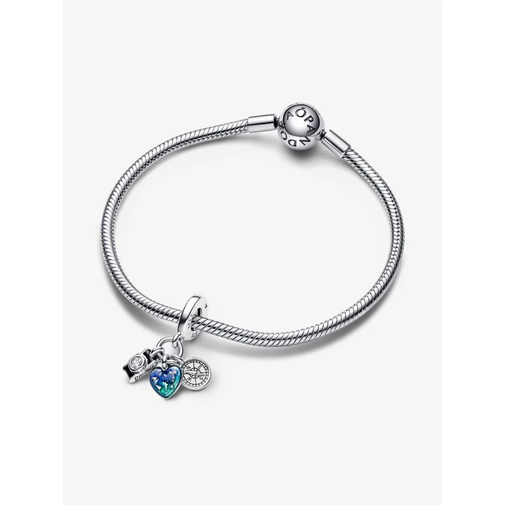 Pandora Silver Camera, Heart & Compass Triple Dangle Charm - Image 4
