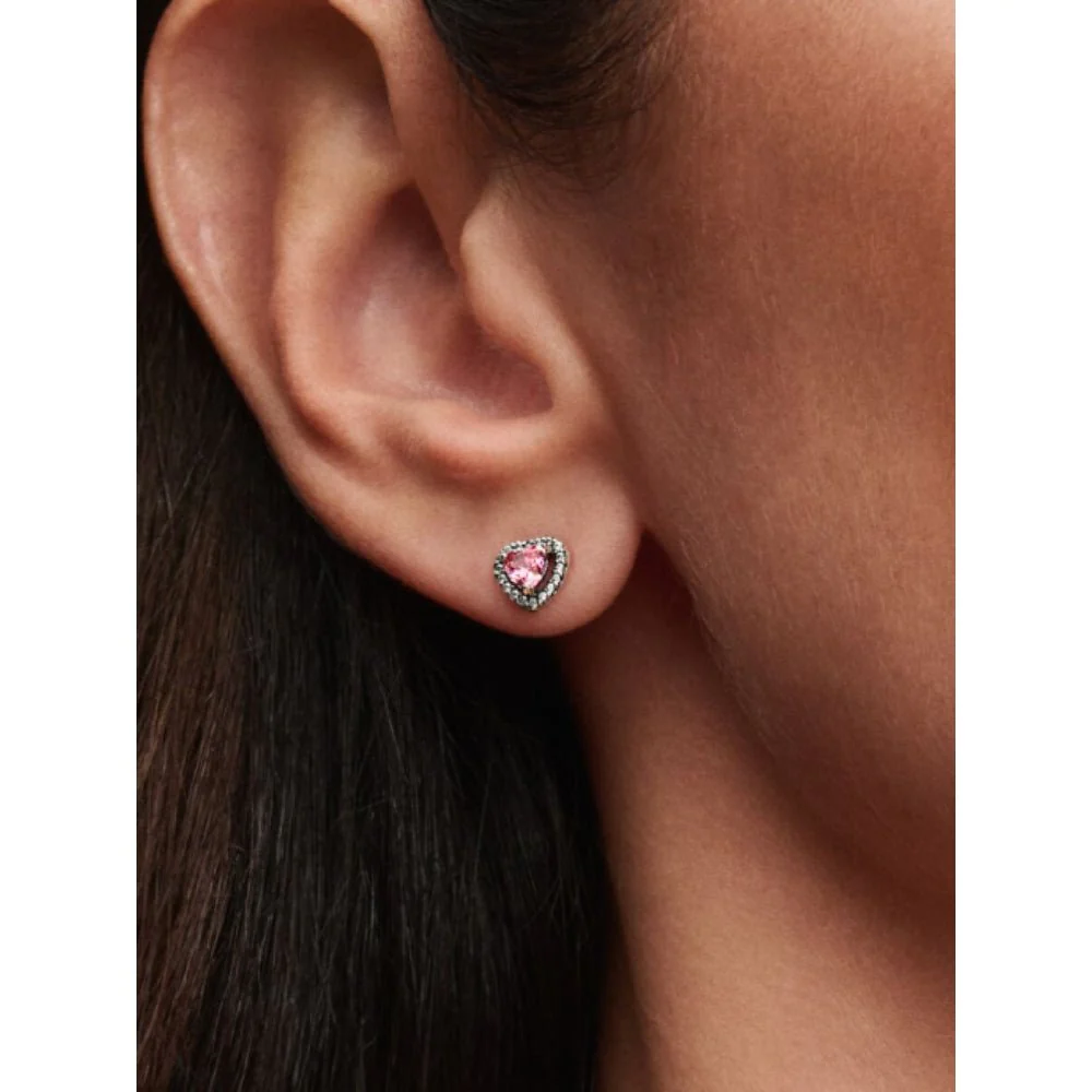 Pandora Silver Elevated Pink Heart Stud Earrings - Image 2