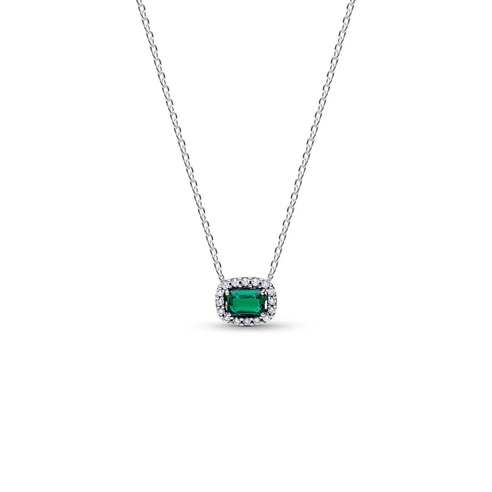 Pandora Silver Rectangular Sparkling Green Halo Pendant Necklace