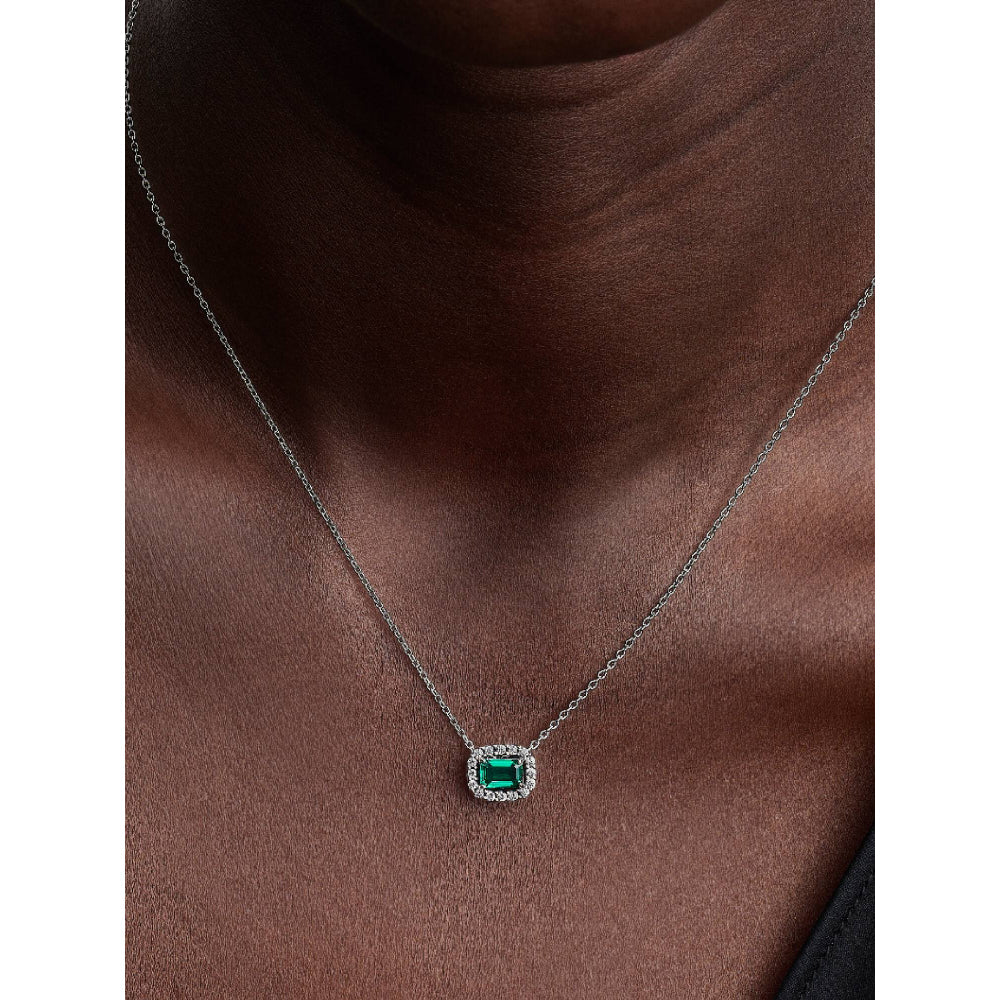 Pandora Silver Rectangular Sparkling Green Halo Pendant Necklace - Image 2