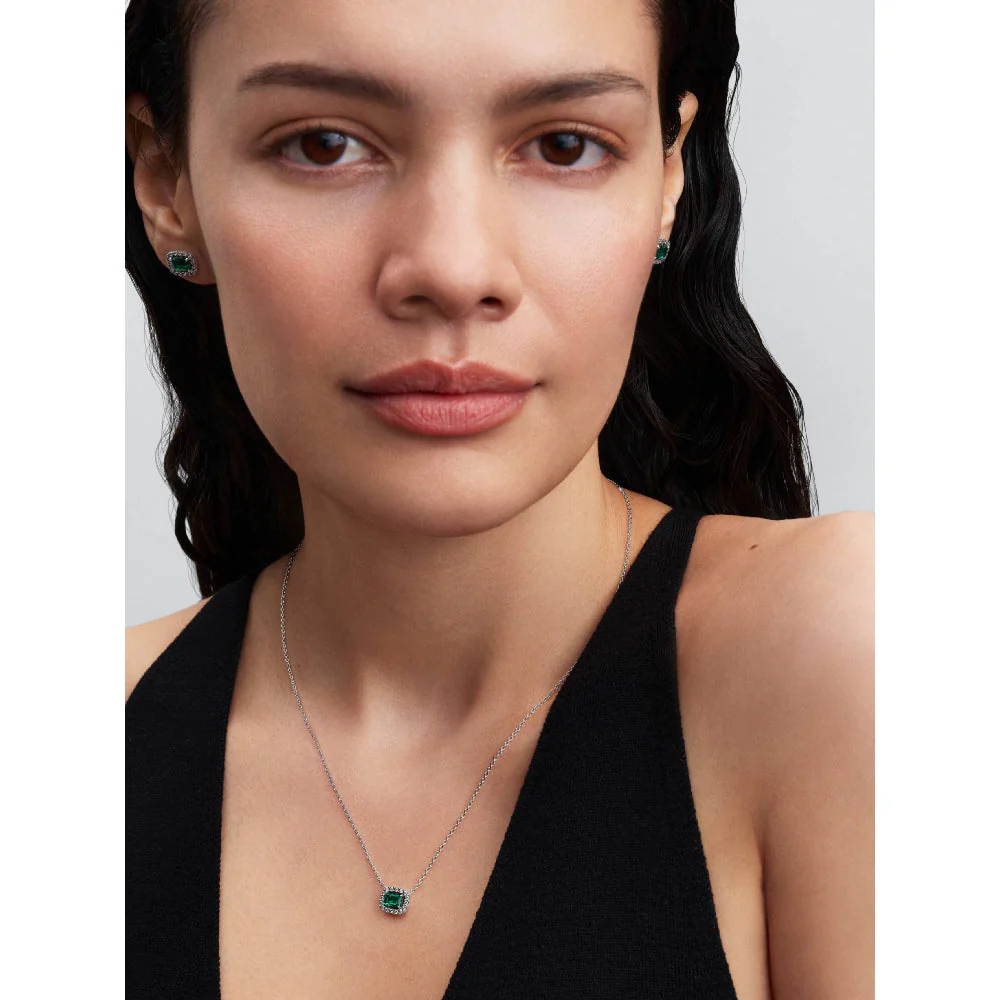 Pandora Silver Rectangular Sparkling Green Halo Pendant Necklace - Image 4