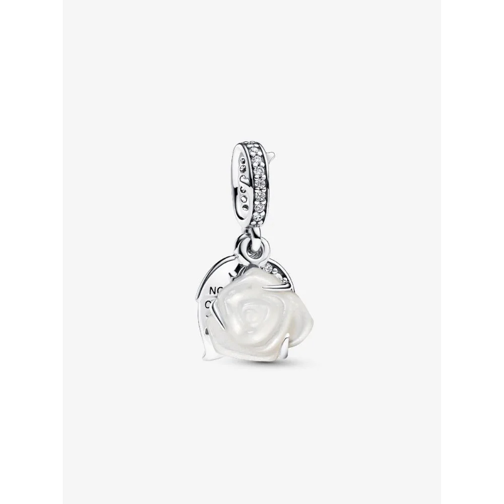 Pandora Silver White Rose In Bloom Double Dangle Charm