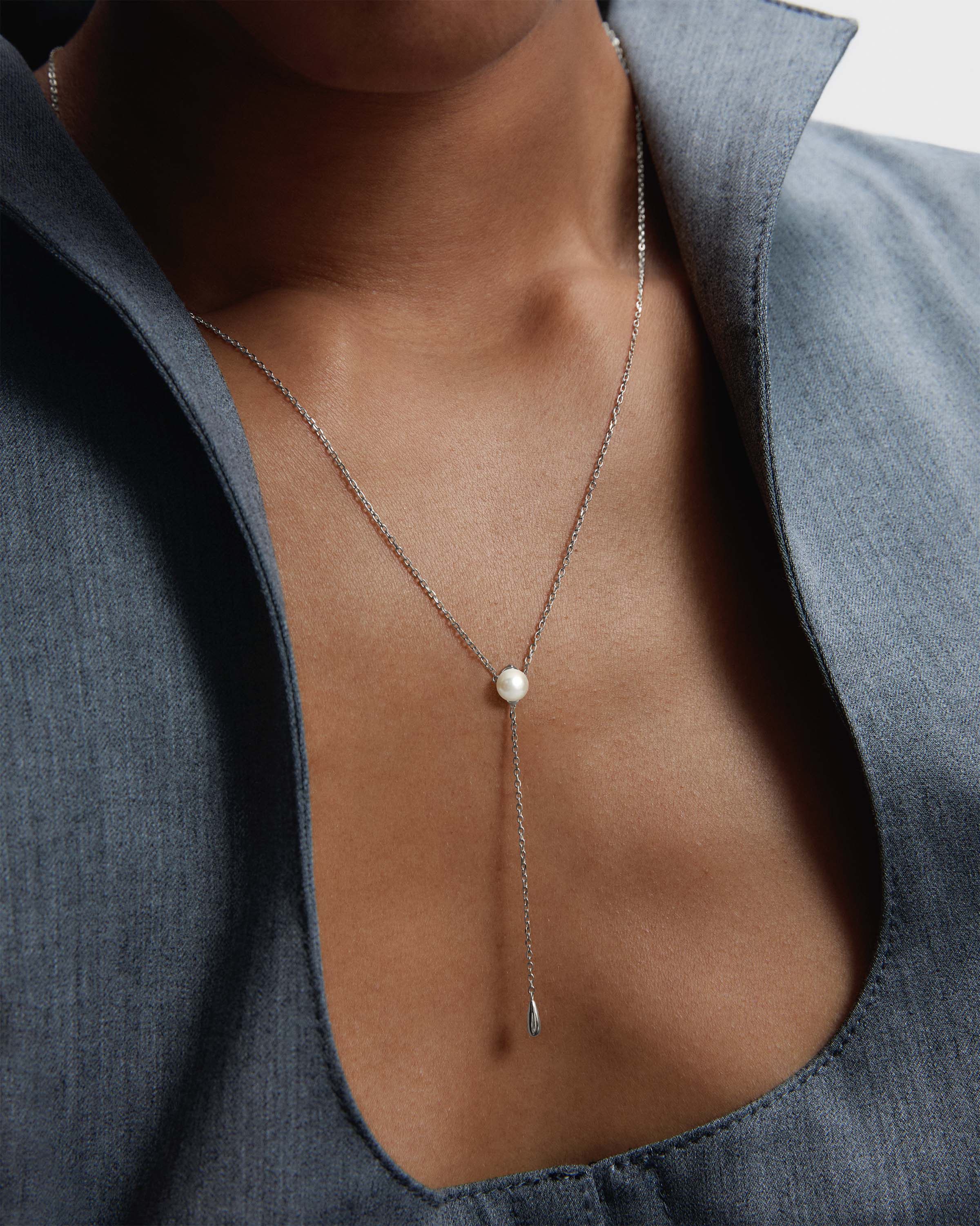 PDPAOLA Silver Pearl Stella Adjustable Chain Necklace - Image 2