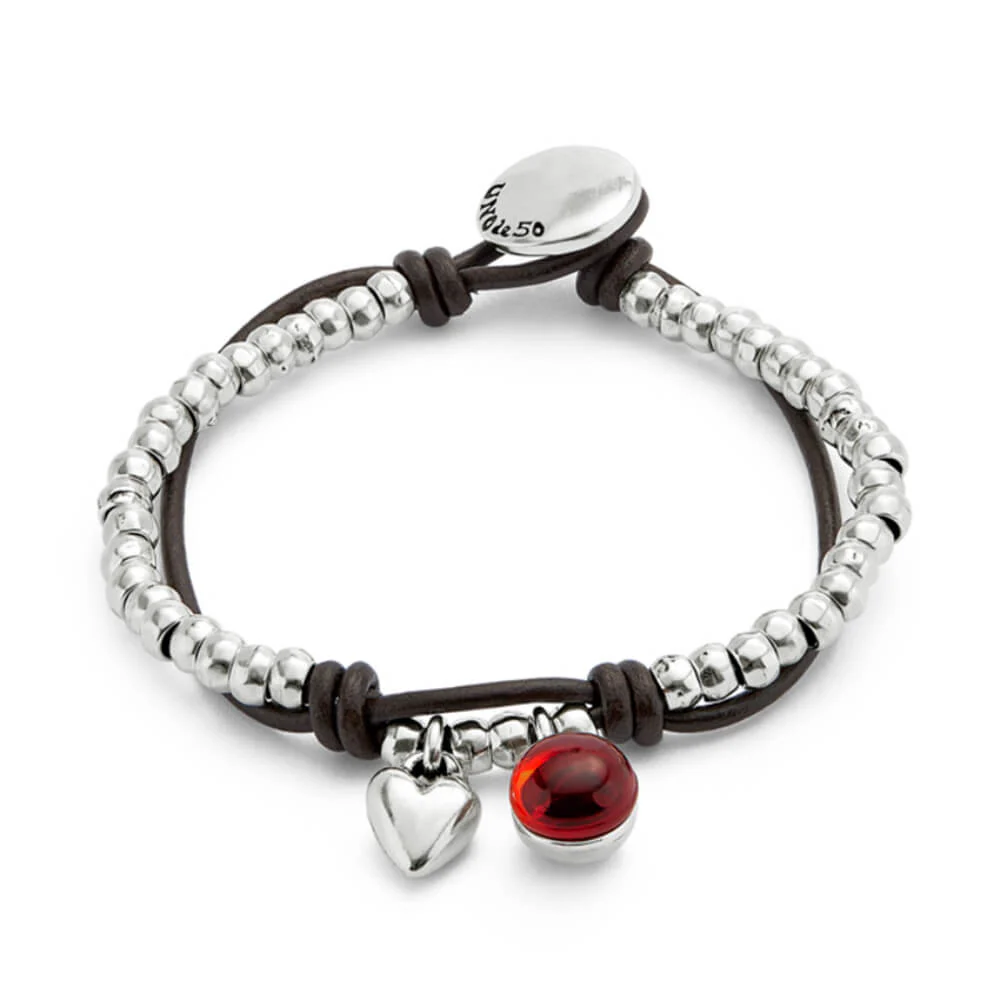 UNOde50 Silver Red Murano Glass Beaded Leather Bracelet