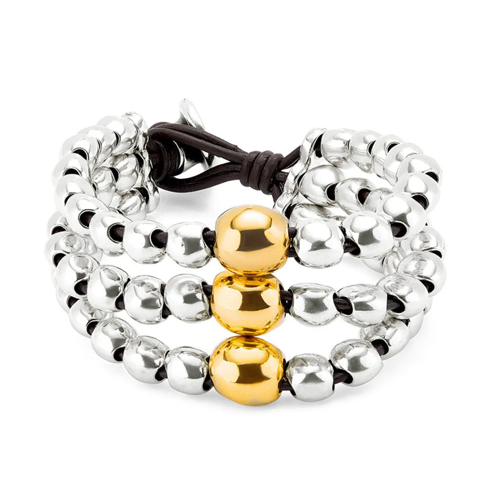 Unode50 18K Gold Plated Three Strand Beaded Leather Bracelet