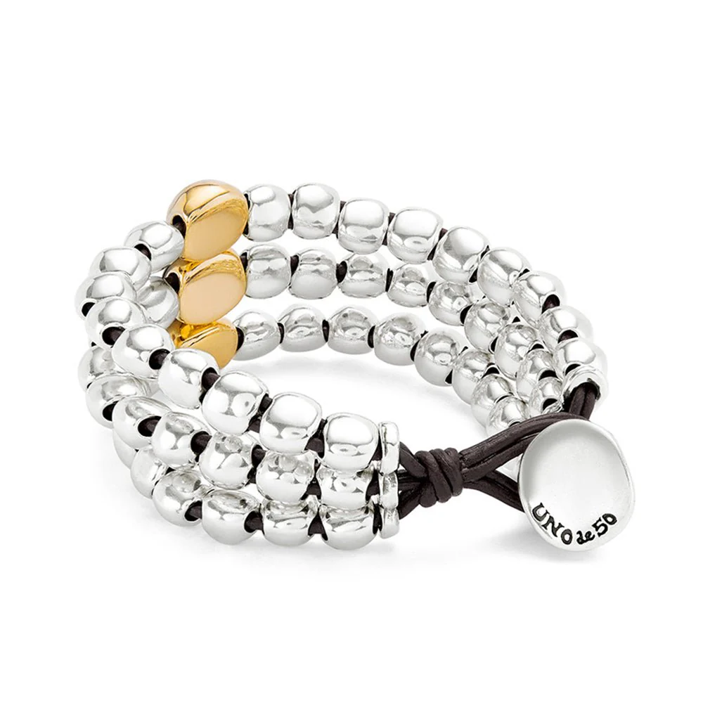 Unode50 18K Gold Plated Three Strand Beaded Leather Bracelet - Image 3