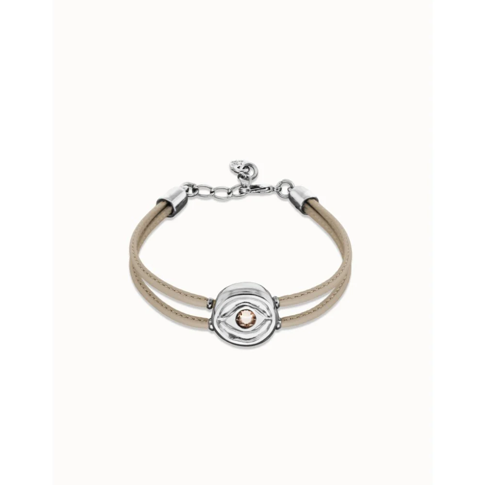 Unode50 Sterling Silver Double Ivory Leather Birthstone Eye Bracelet